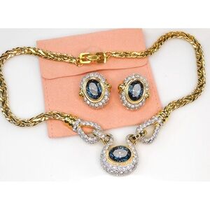 GIVENCHY 80S VTG GOLD CHAIN SAPPHIRE BLUE CRYSTAL NECKLACE CLIP EARRINGS SET BIG